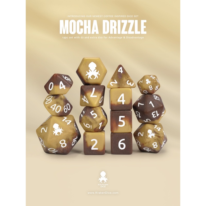 Mocha Drizzle Matte 14pc Dice Set inked in White