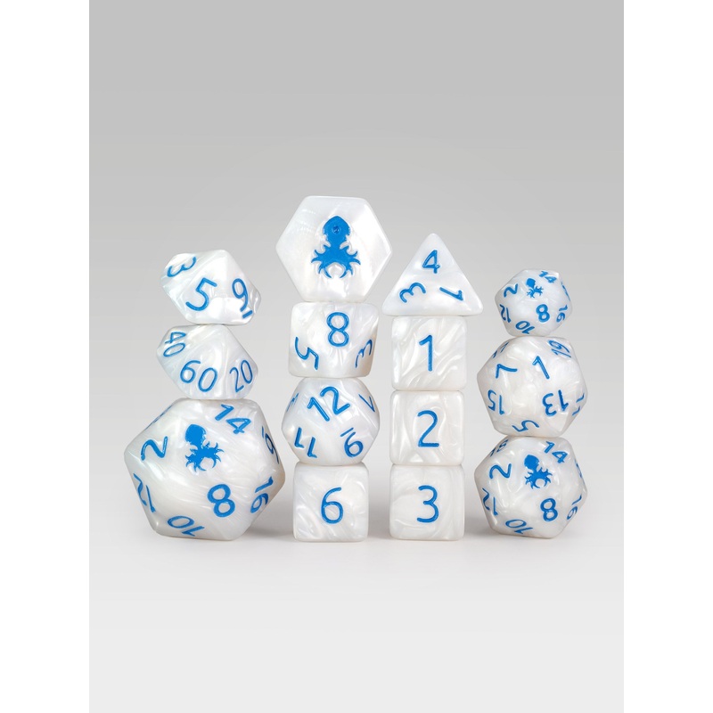 Kraken's Signature White 14pc Dice Set inked in Blue