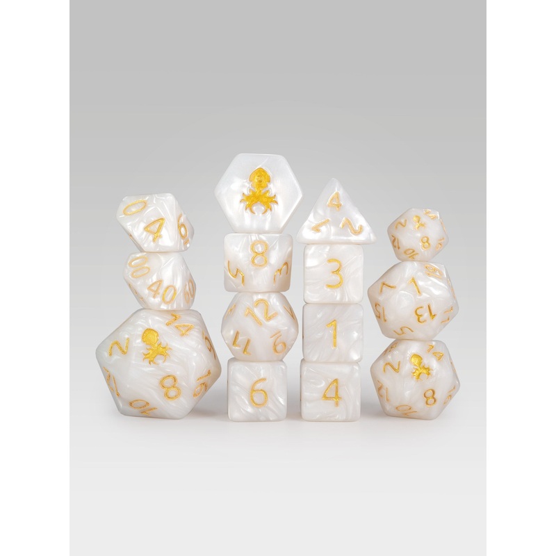 Kraken's Signature White 14pc Dice Set inked in Gold