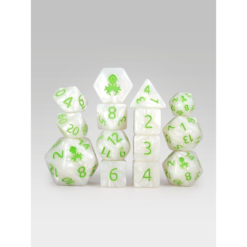 Kraken's Signature White 14pc Dice Set inked in Green