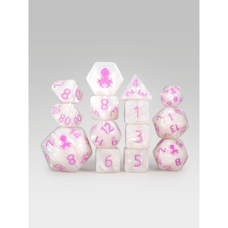 Kraken's Signature White 14pc Dice Set inked in Pink