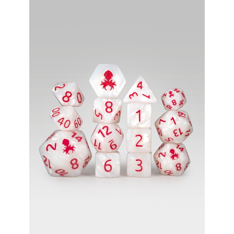 Kraken's Signature White 14pc Dice Set inked in Red