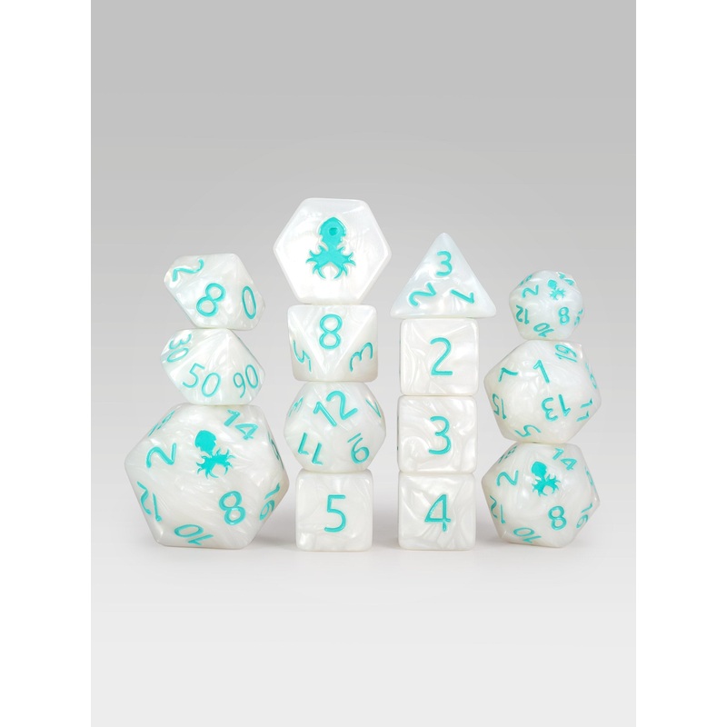 Kraken's Signature White 14pc Dice Set inked in Teal