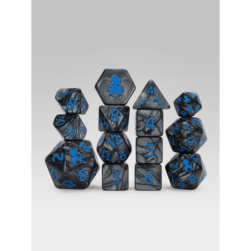 Kraken's Signature Black 14pc Dice Set inked in Blue