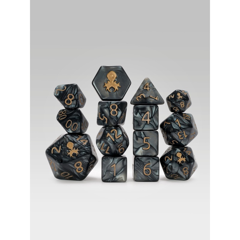 Kraken's Signature Black 14pc Dice Set inked in Gold