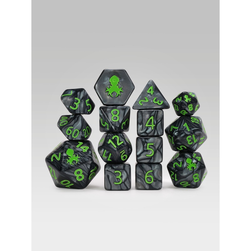 Kraken's Signature Black 14pc Dice Set inked in Green
