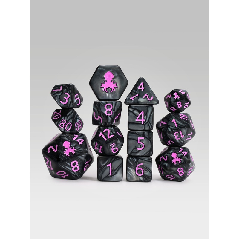 Kraken's Signature Black 14pc Dice Set inked in Pink