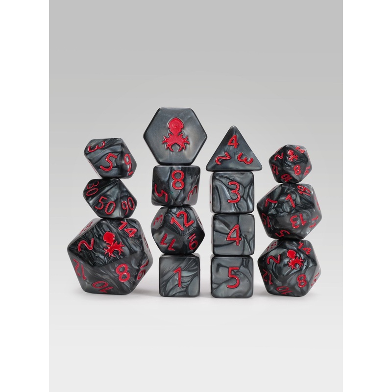 Kraken's Signature Black 14pc Dice Set inked in Red