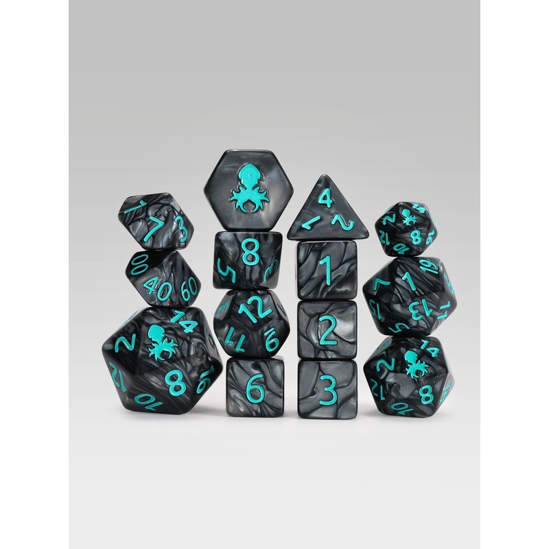 Kraken's Signature Black 14pc Dice Set inked in Teal