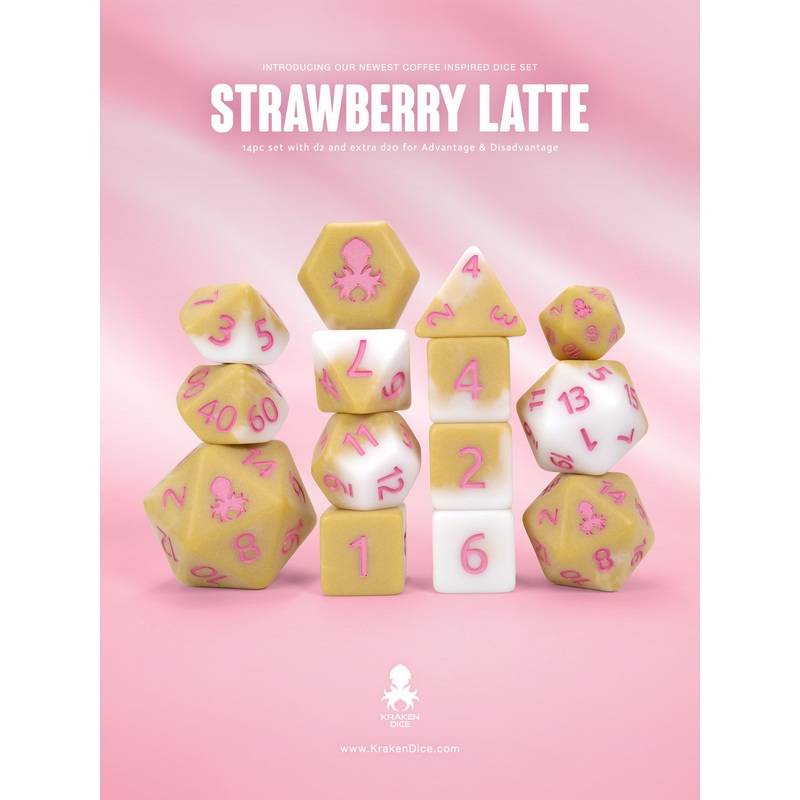 Strawberry Latte Matte 14pc Dice Set inked in Pink