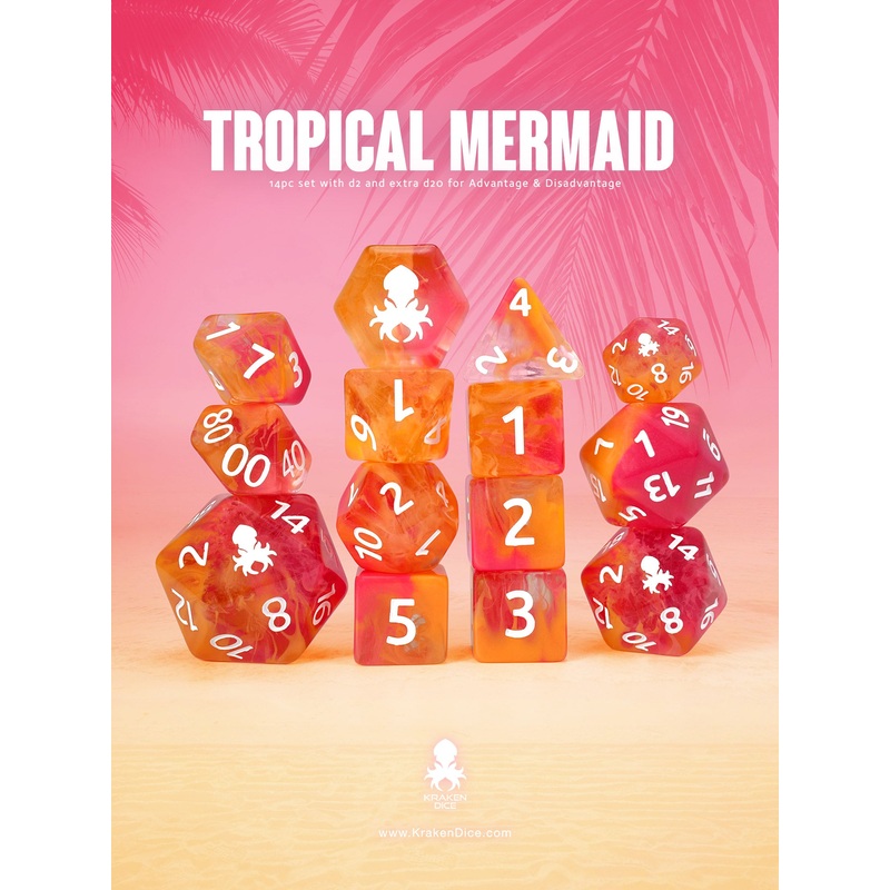 Tropical Mermaid 14pc Dice Set inked in White